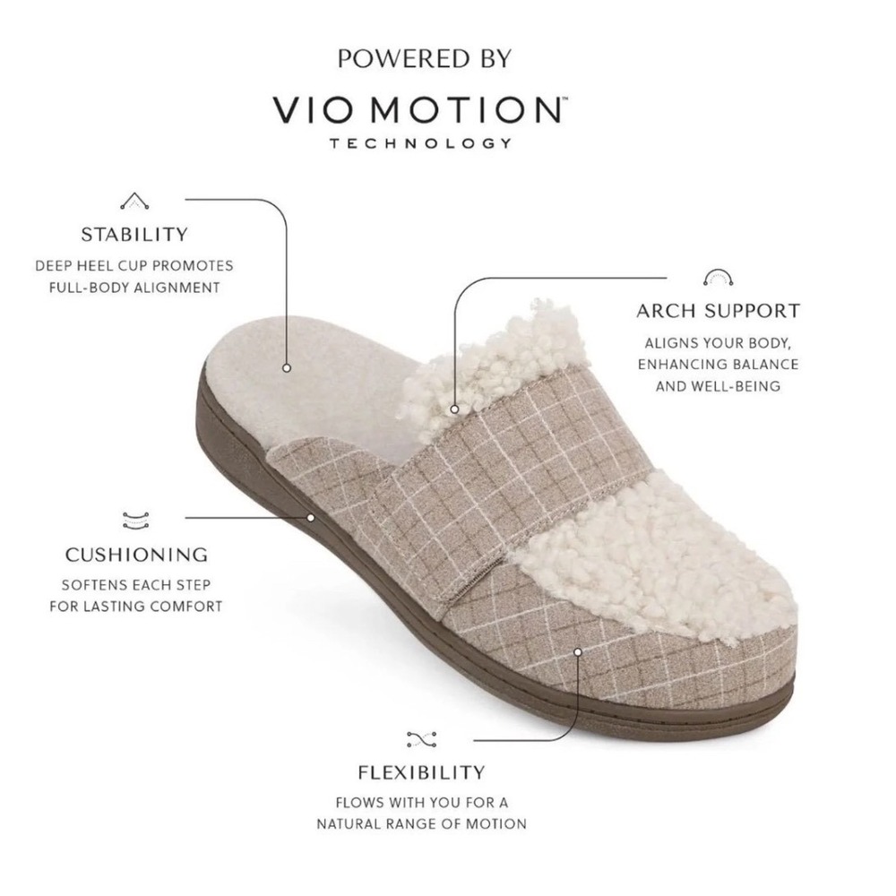 Vionic Gemma II Faux Fur Slippers Tan Grid Orthotic Mules Womens Size 8